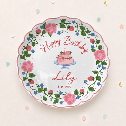 Strawberry Floral Cake Personalized Birthday Plate P5140W50