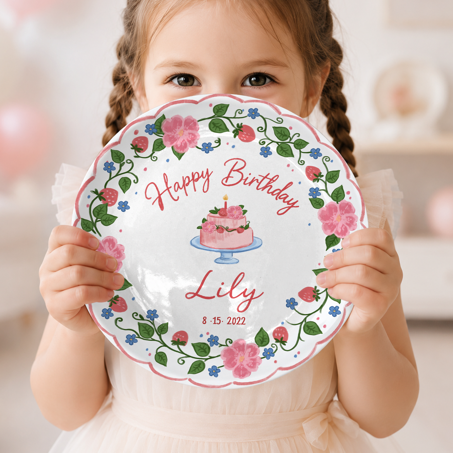Strawberry Floral Cake Personalized Birthday Plate P5140W50