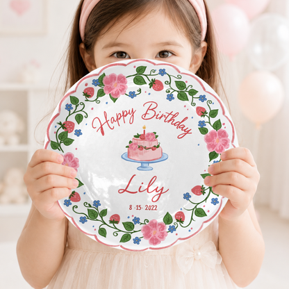 Strawberry Floral Cake Personalized Birthday Plate P5140W50