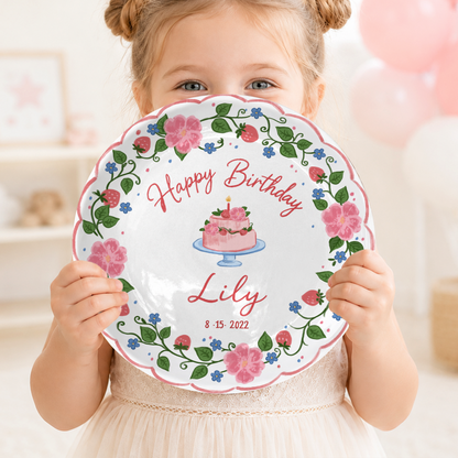 Strawberry Floral Cake Personalized Birthday Plate P5140W50
