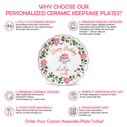 Strawberry Floral Cake Personalized Birthday Plate P5140W50
