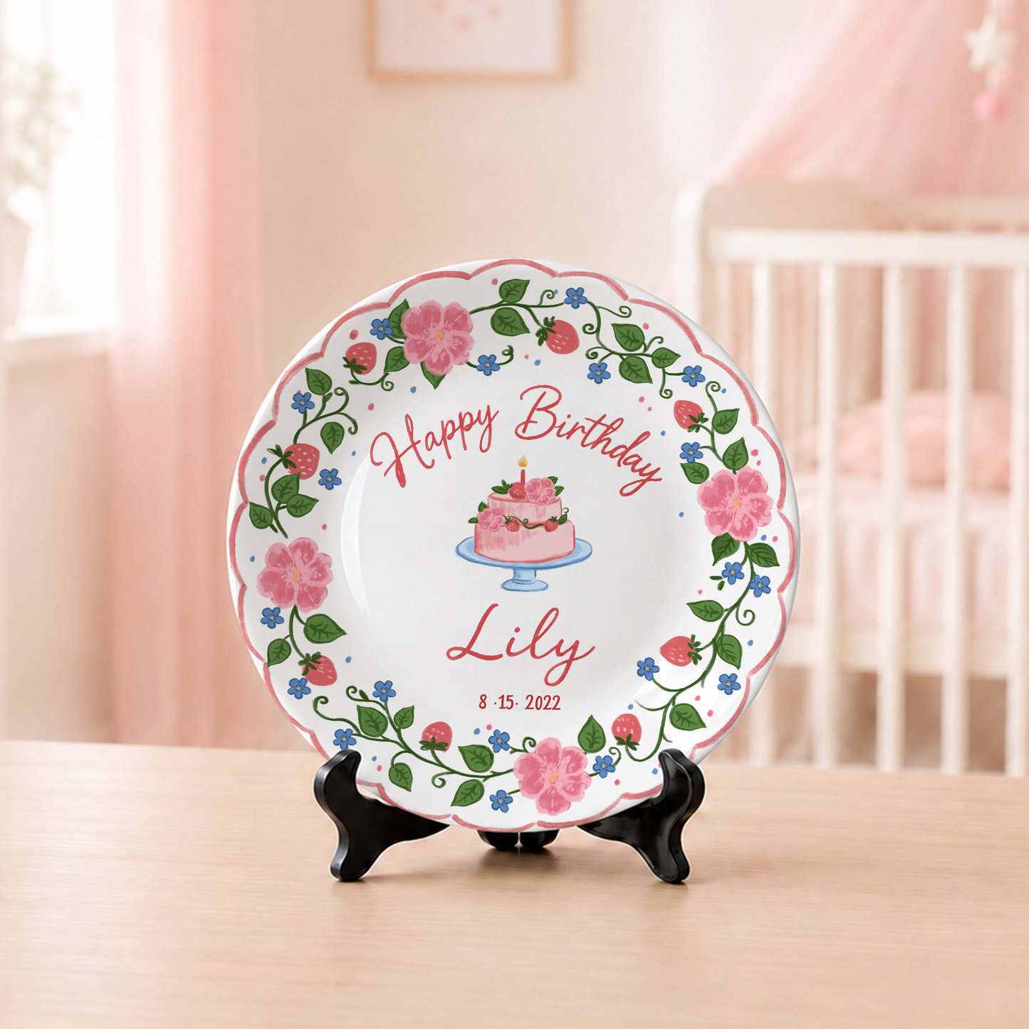 Strawberry Floral Cake Personalized Birthday Plate P5140W50