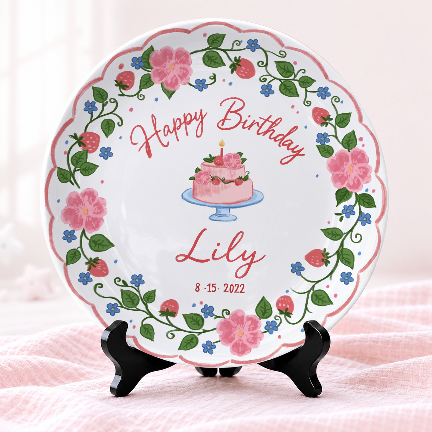 Strawberry Floral Cake Personalized Birthday Plate P5140W50