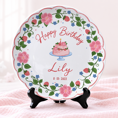 Strawberry Floral Cake Personalized Birthday Plate P5140W50