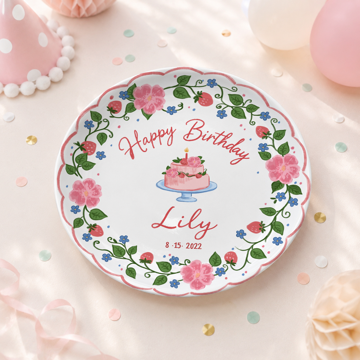 Strawberry Floral Cake Personalized Birthday Plate P5140W50