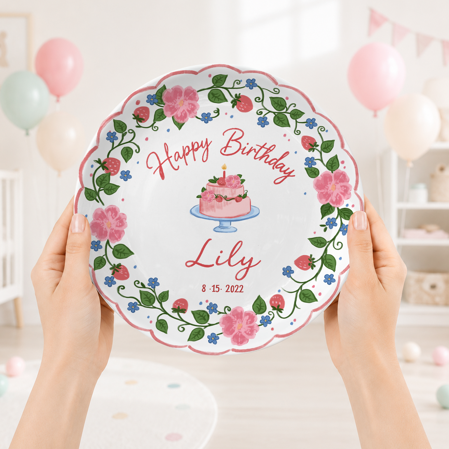 Strawberry Floral Cake Personalized Birthday Plate P5140W50