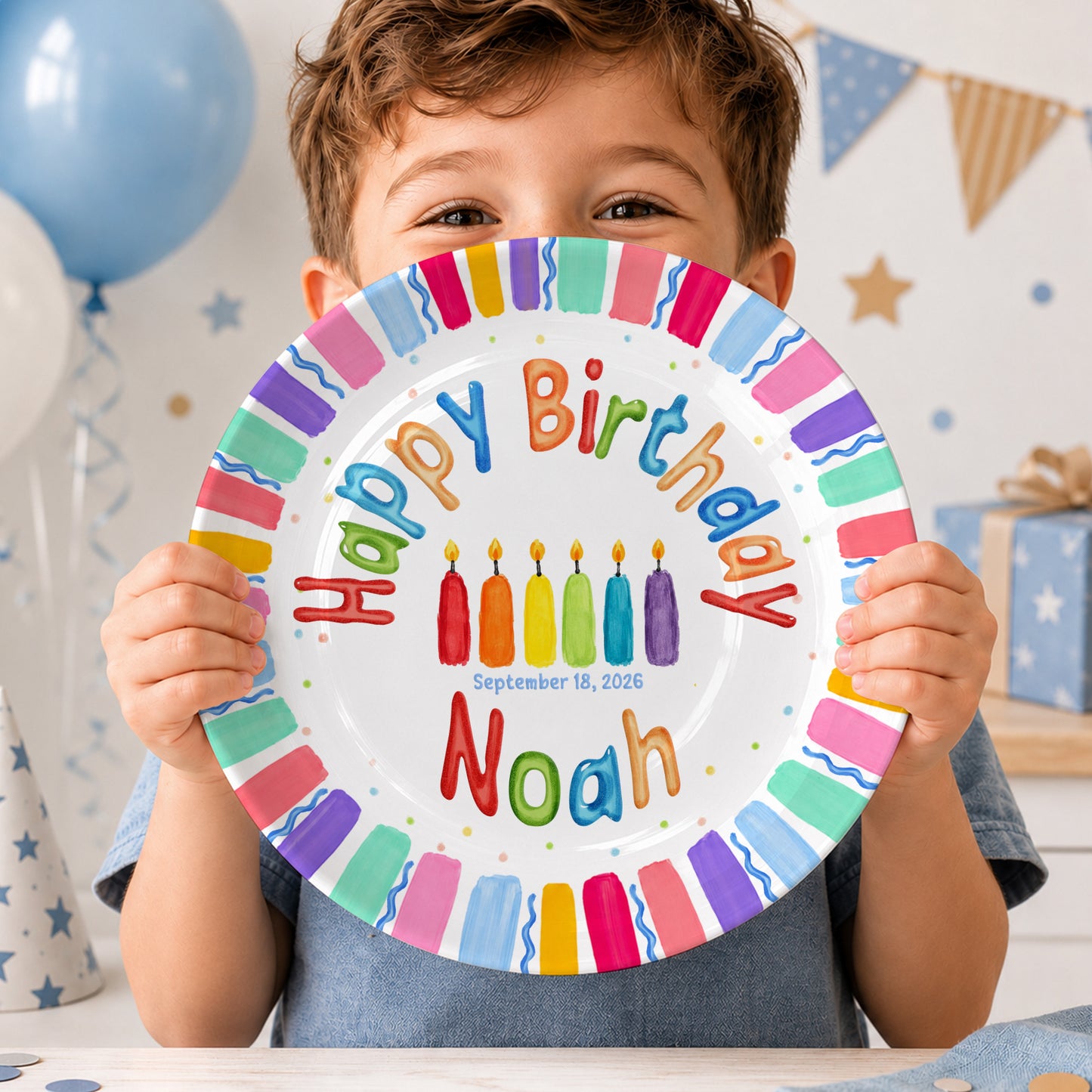Rainbow Stripe Colorful Candle Personalized Birthday Plate D6103AG0