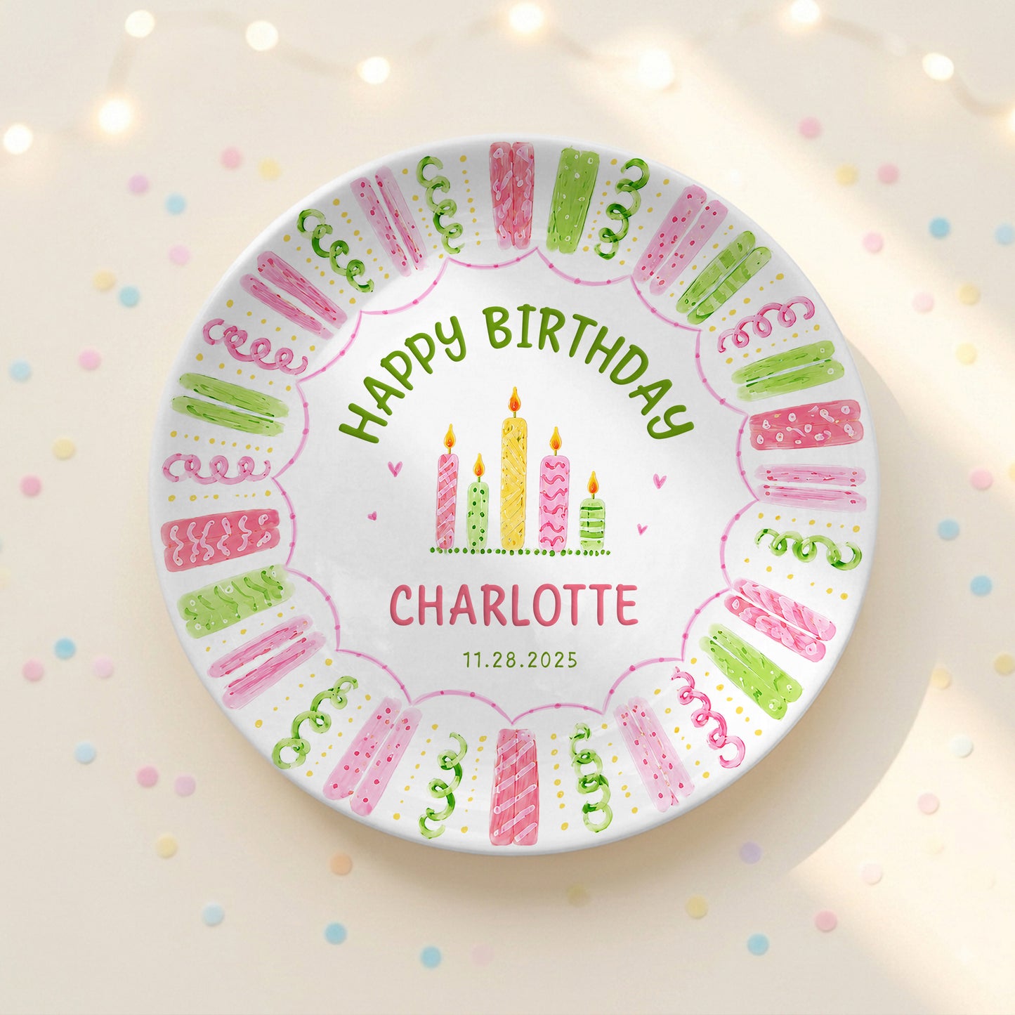 Colorful Pink Green Candle Design Personalized Birthday Plate for Kids P814XTQ0