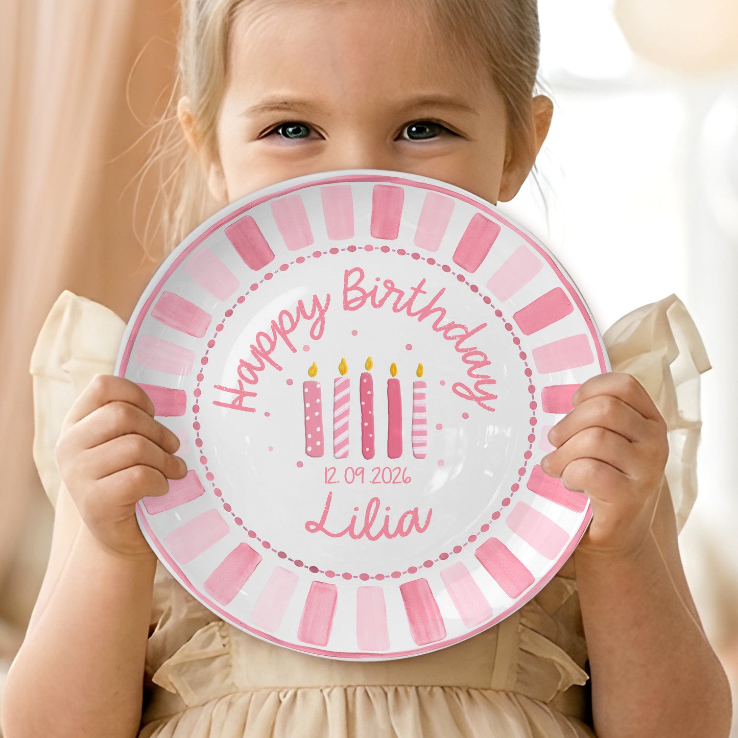 Pink Striped Border with Pink Birthday Candles Personalized Birthday Plate P481HC0