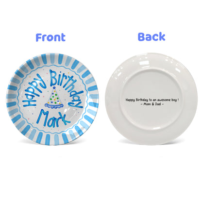 Blue Border and Confetti Party Hat Personalized Birthday Plate P314QKG0