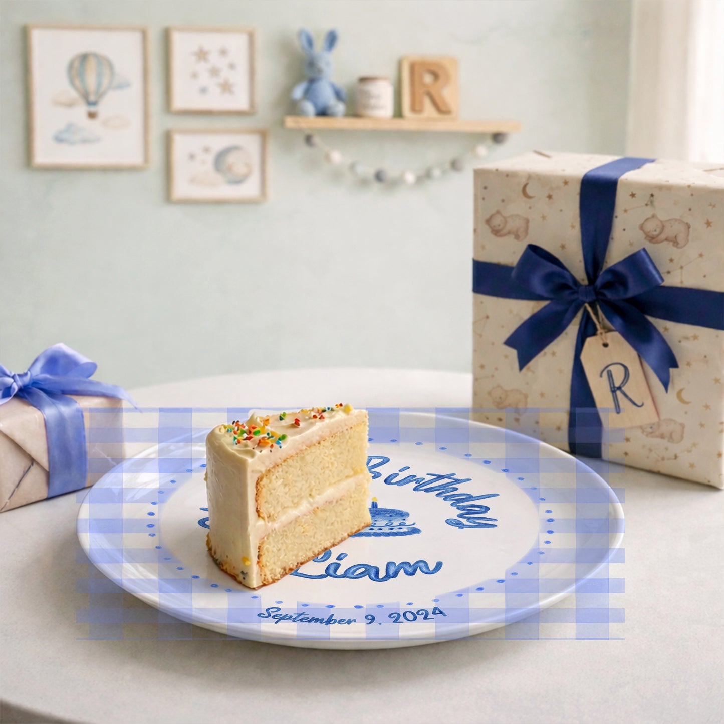 Blue Gingham Border with Blue Birthday Cake Personalized Birthday Plate P415SDU0