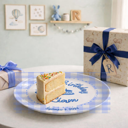 Blue Gingham Border with Blue Birthday Cake Personalized Birthday Plate P415SDU0