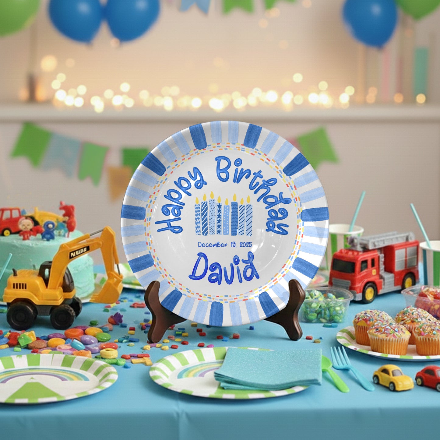 Patterned Blue Candles Personalized Birthday Plate P29SGG0
