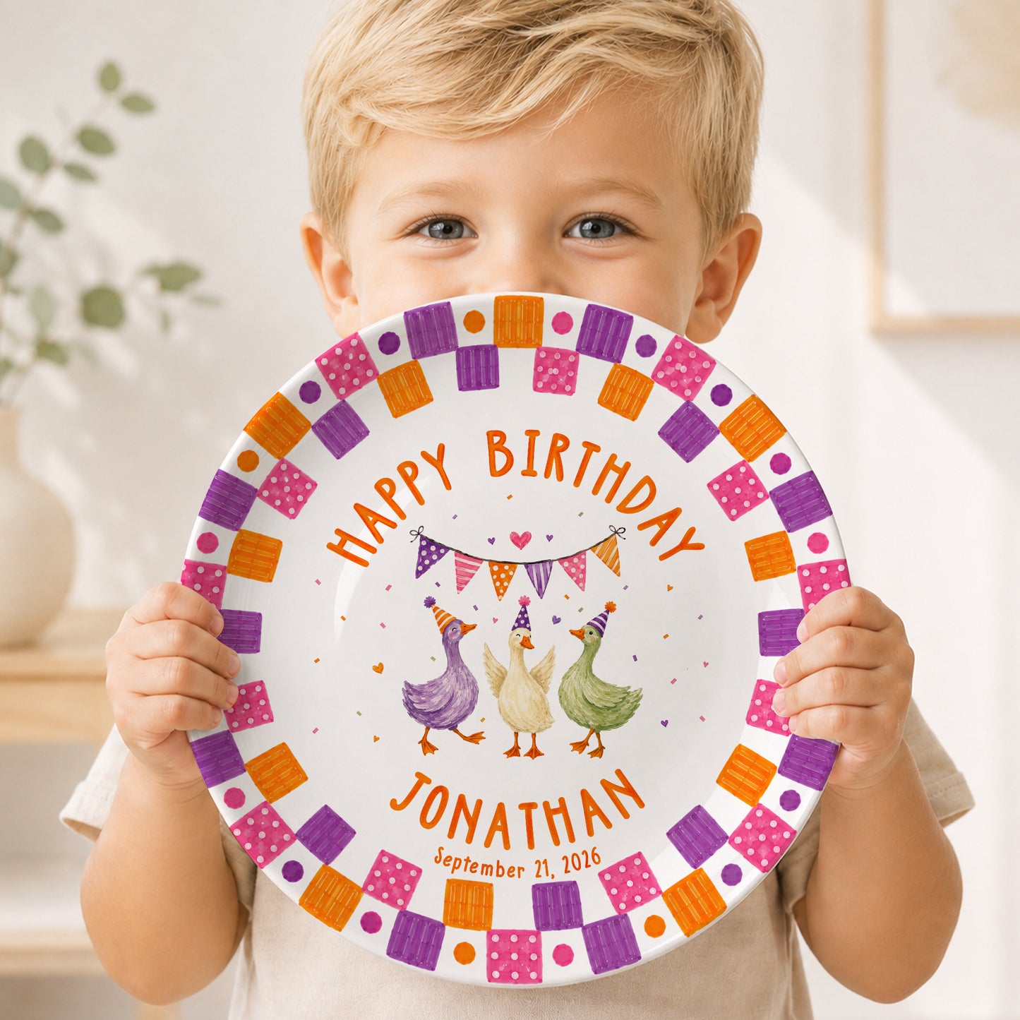 Orange Purple and Pink Checker Border with Party Ducks Personalized Birthday Plate P611QZK0
