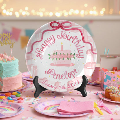 Pink Bow and Floral Cake Personalized Birthday Plate P9309RT0