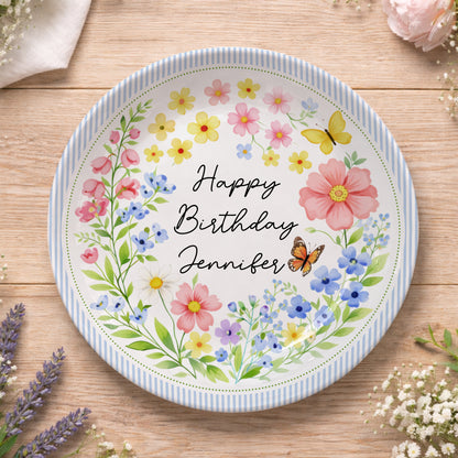 Blue Stripe Wildflower Personalized Birthday Plate P226BYE0