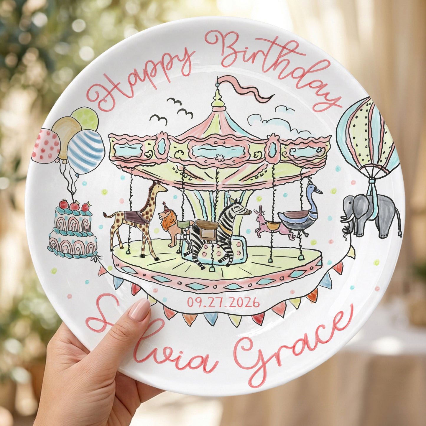 Carousel Animal Personalized Birthday Plate for Kids Custom Ceramic Keepsake P810QSG0