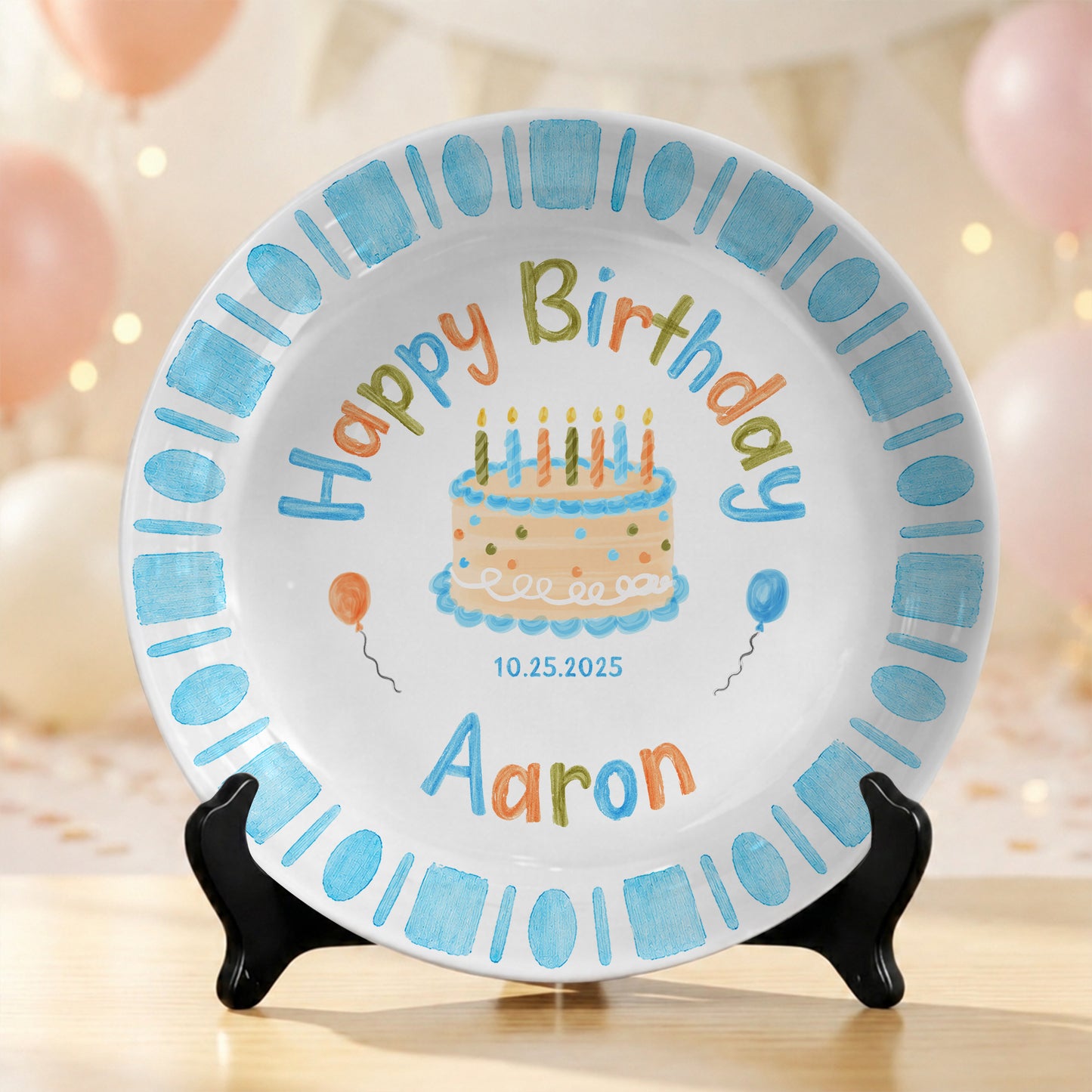 Blue Checkerboard Candle Custom Name Keepsake Personalized Birthday Plate P826TTU0