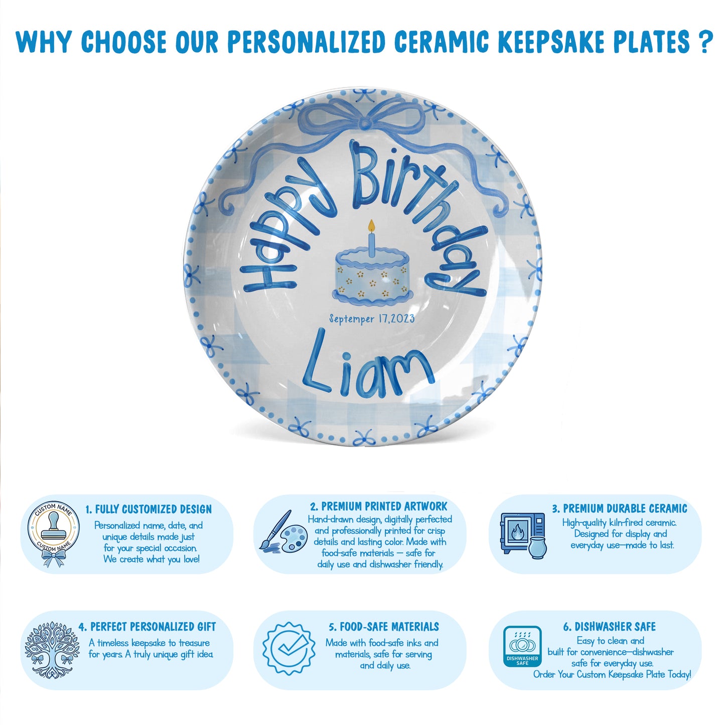 Soft Blue Gingham Personalized Birthday Plate P410VFL0