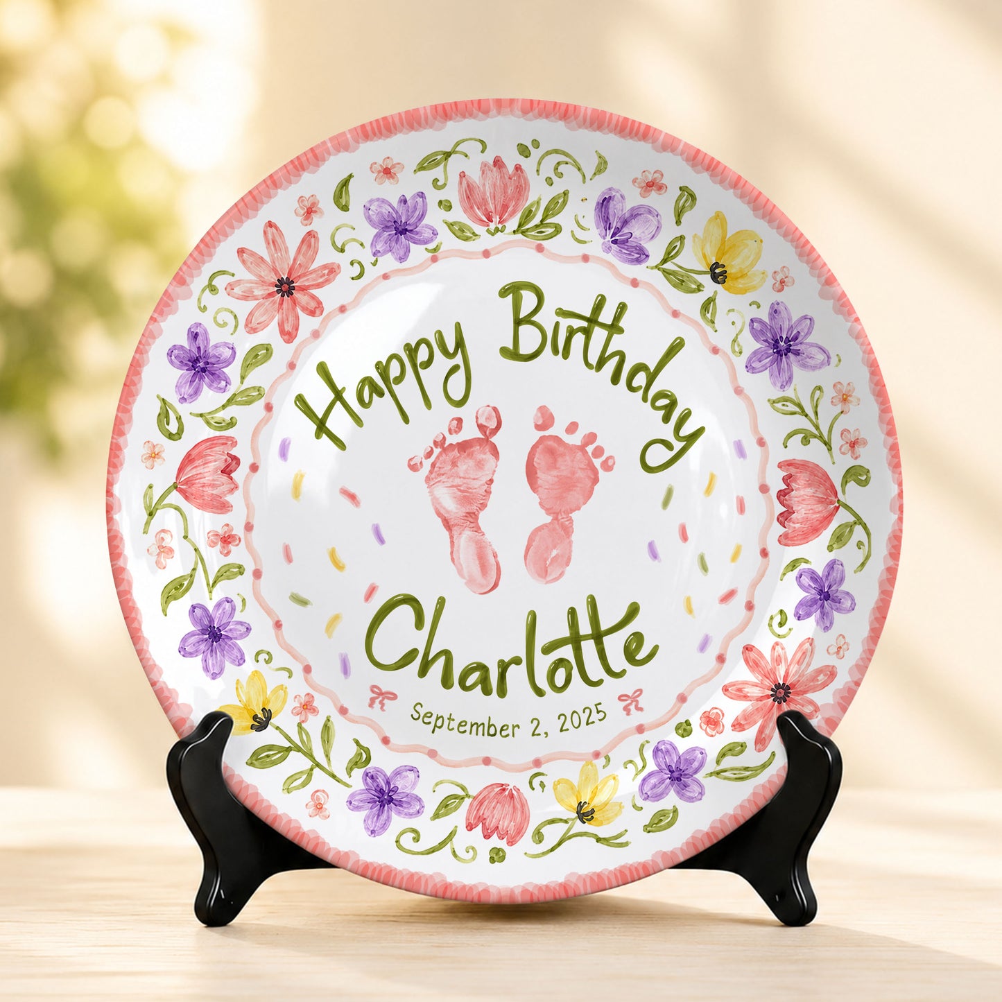 Floral Baby Footprint Personalized Birthday Plate for Girl, First Birthday Keepsake P727CV20