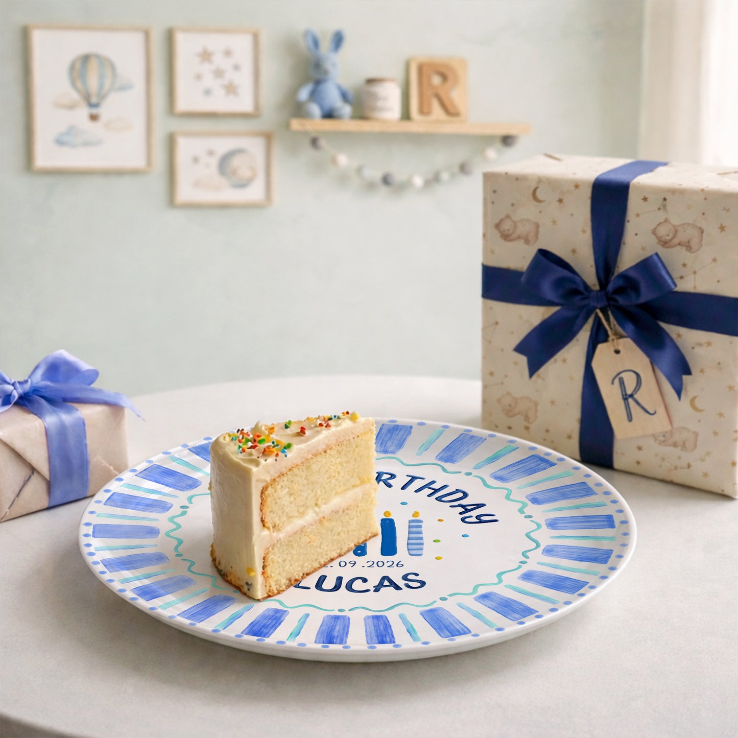 Blue Striped Candles Personalized Birthday Plate P46KBS0