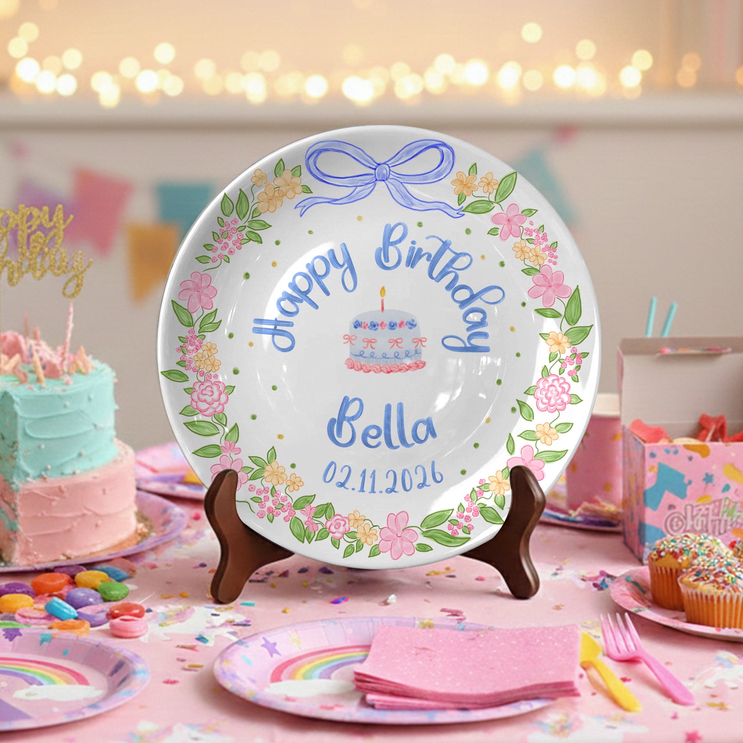 Blue Bow Flower Border Personalized Birthday Plate P311I7Y0