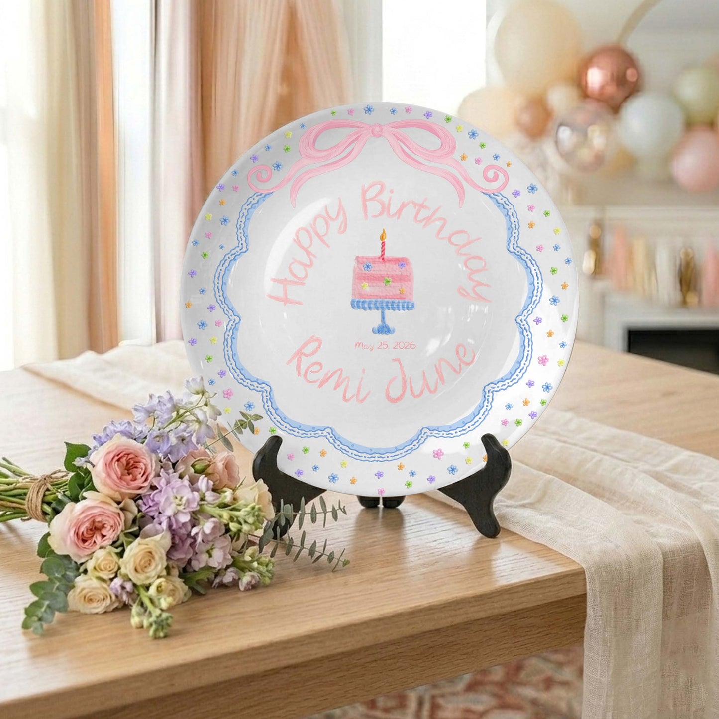 Pink Bow with Tiny Flower Border Personalized Birthday Plate P41A4U0