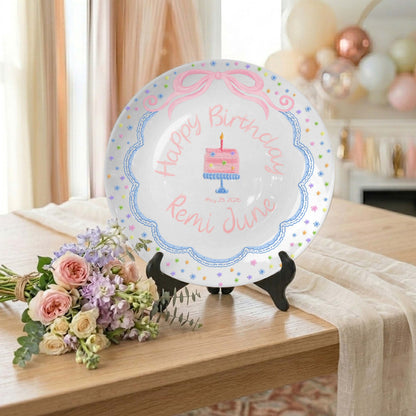 Pink Bow with Tiny Flower Border Personalized Birthday Plate P41A4U0