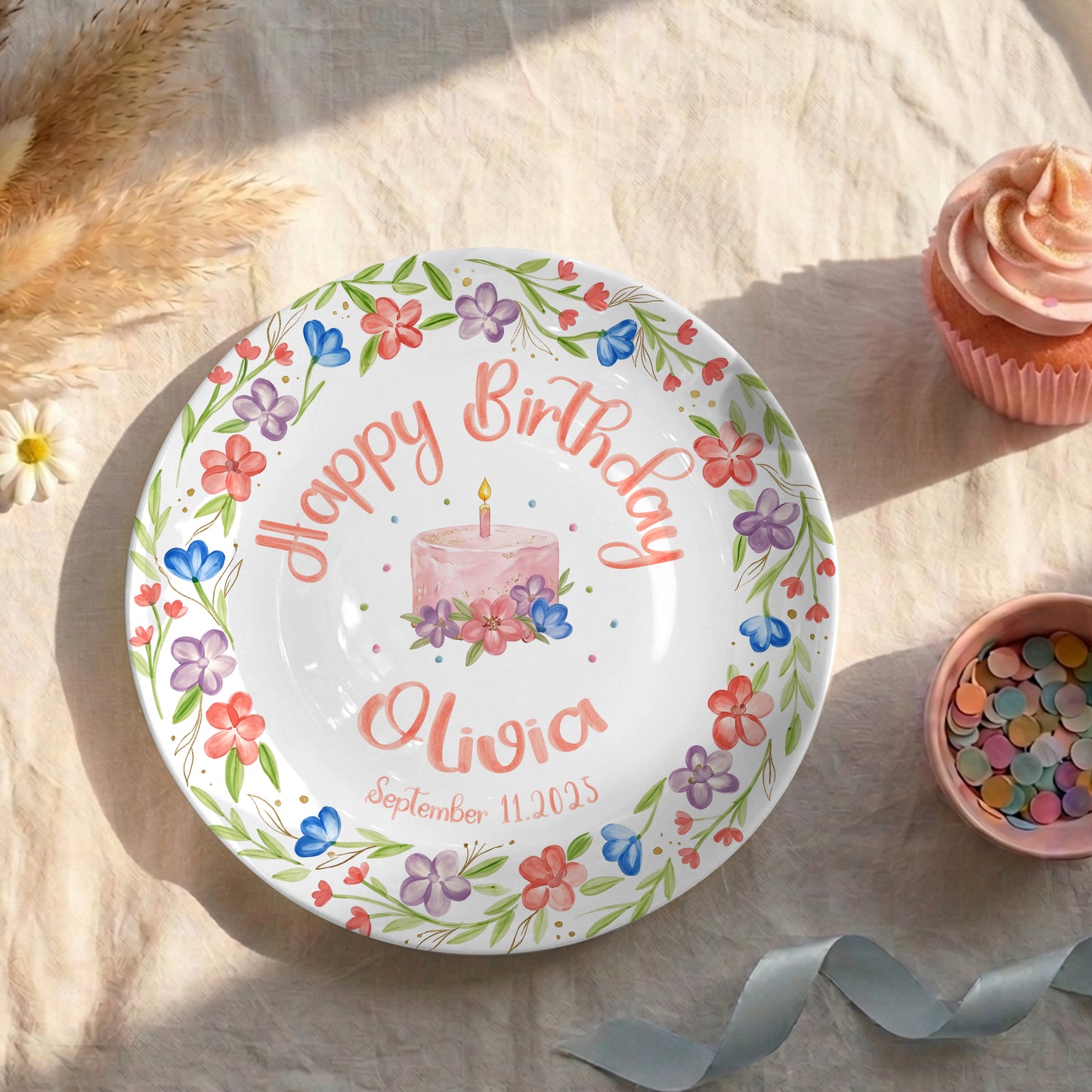 Colorful Floral Cake Personalized Birthday Plate for Girls P417GEG0