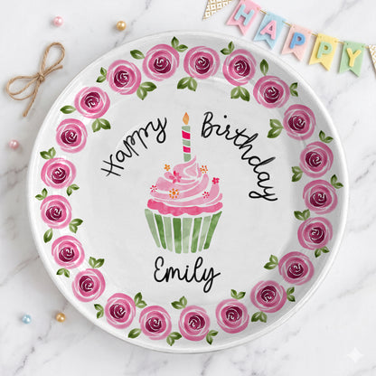 Pink Rose Cupcake Birthday Keepsake Personalized Birthday Plate P626IC7TT