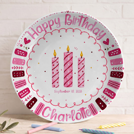 Pink Candle Border with Three Birthday Candles Personalized Birthday Plate P626WXMTT