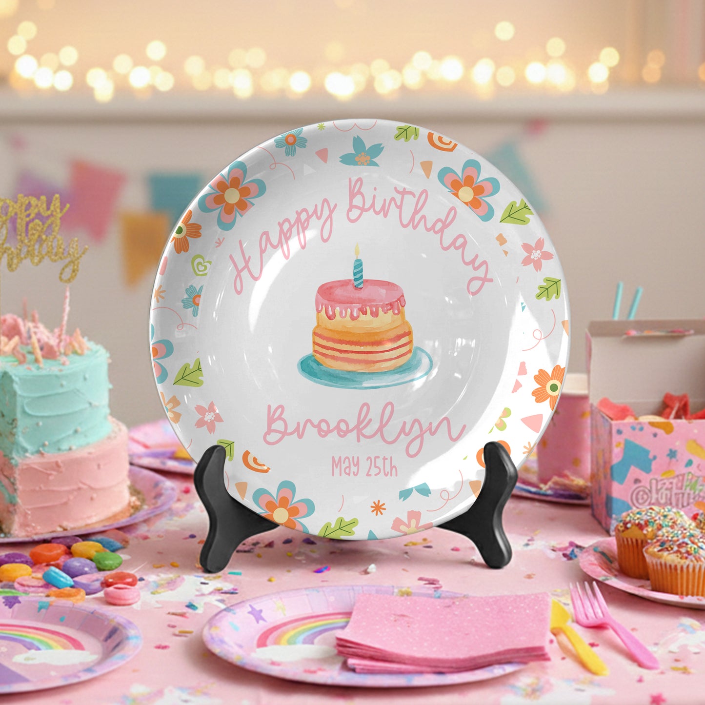 Colorful Floral with Cake Personalized Birthday Plate D92YJX0
