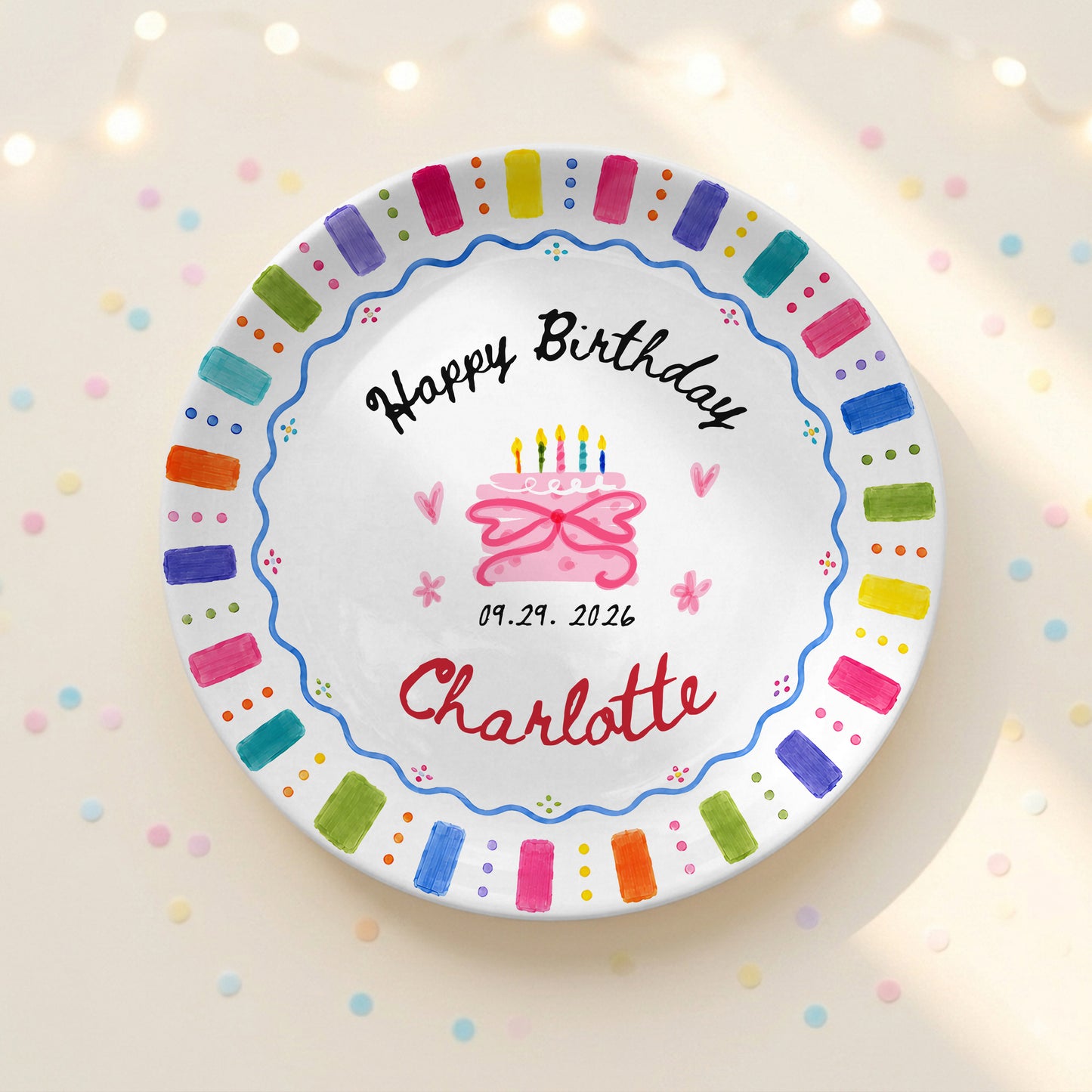 Rainbow Candles Birthday Cake Custom Name Gift Personalized Birthday Plate P814DRZ0