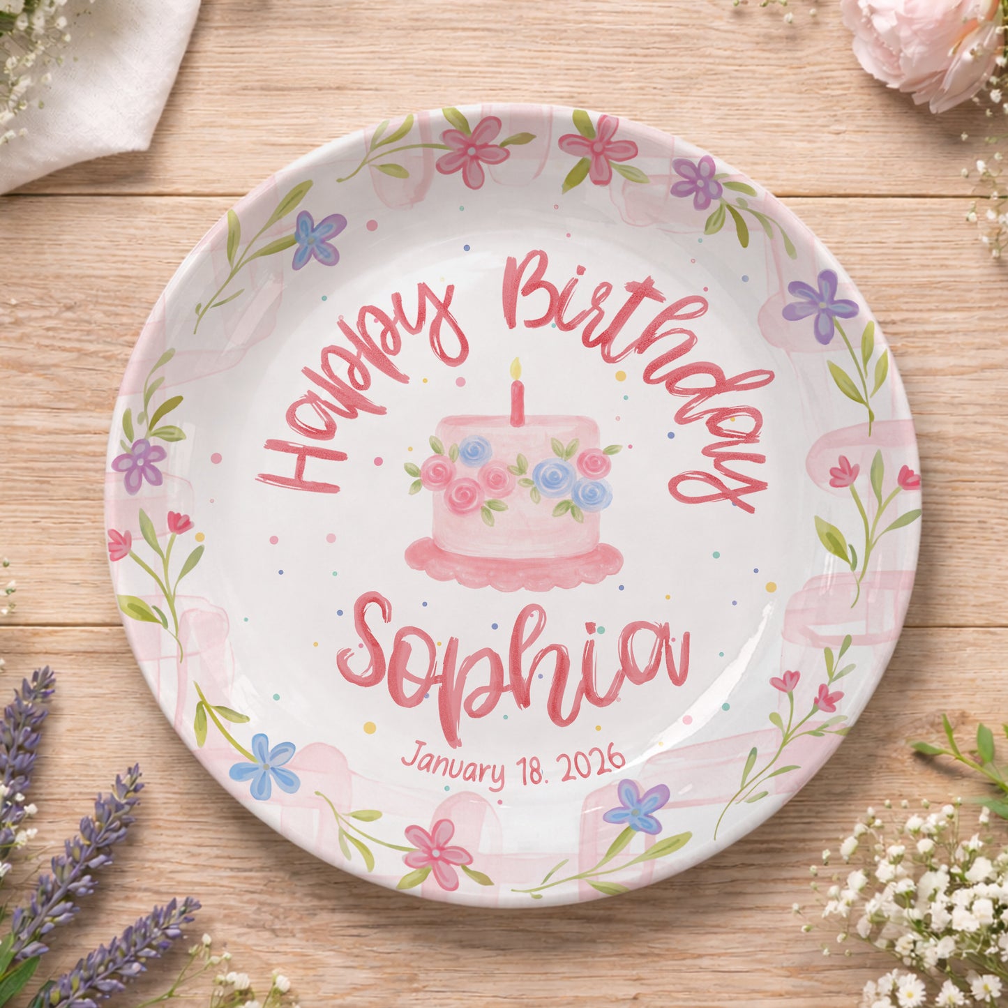 Floral Cake with Blush Border Personalized Birthday Plate P29SK70