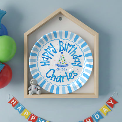 Blue Border and Confetti Party Hat Personalized Birthday Plate P314QKG0
