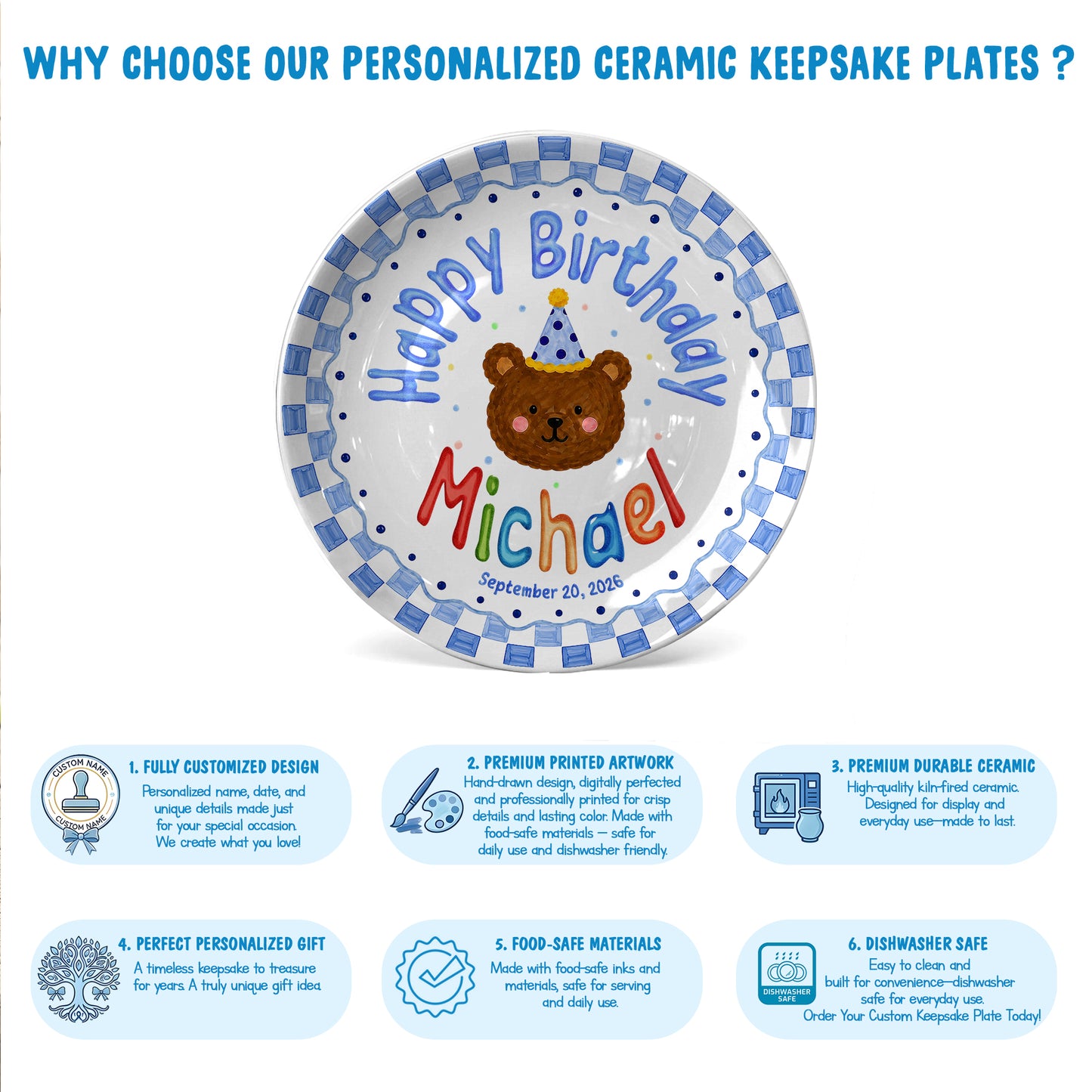 Cute Teddy Bear Birthday Keepsake Personalized Birthday Plate for Kids P6225SU0