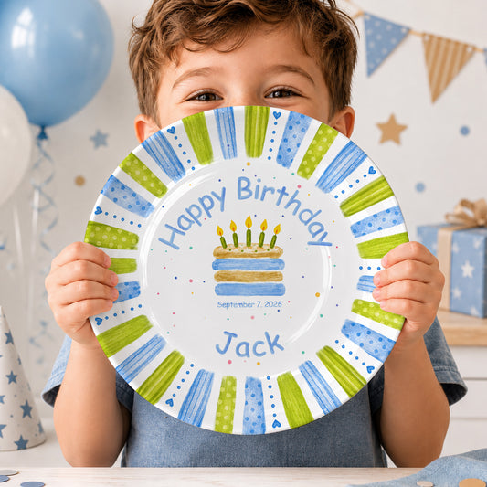 Blue Green Stripe Cake Personalized Birthday Plate P66M130