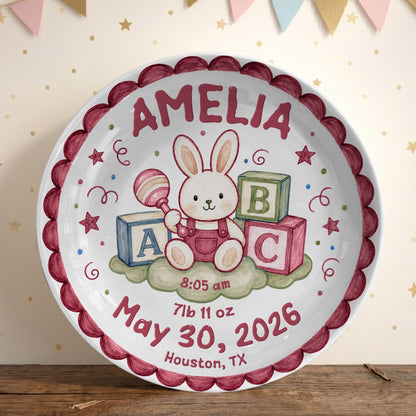Cute Bunny Birth Stats Keepsake Personalized Birthday Plate for Baby P626ZVPTTb