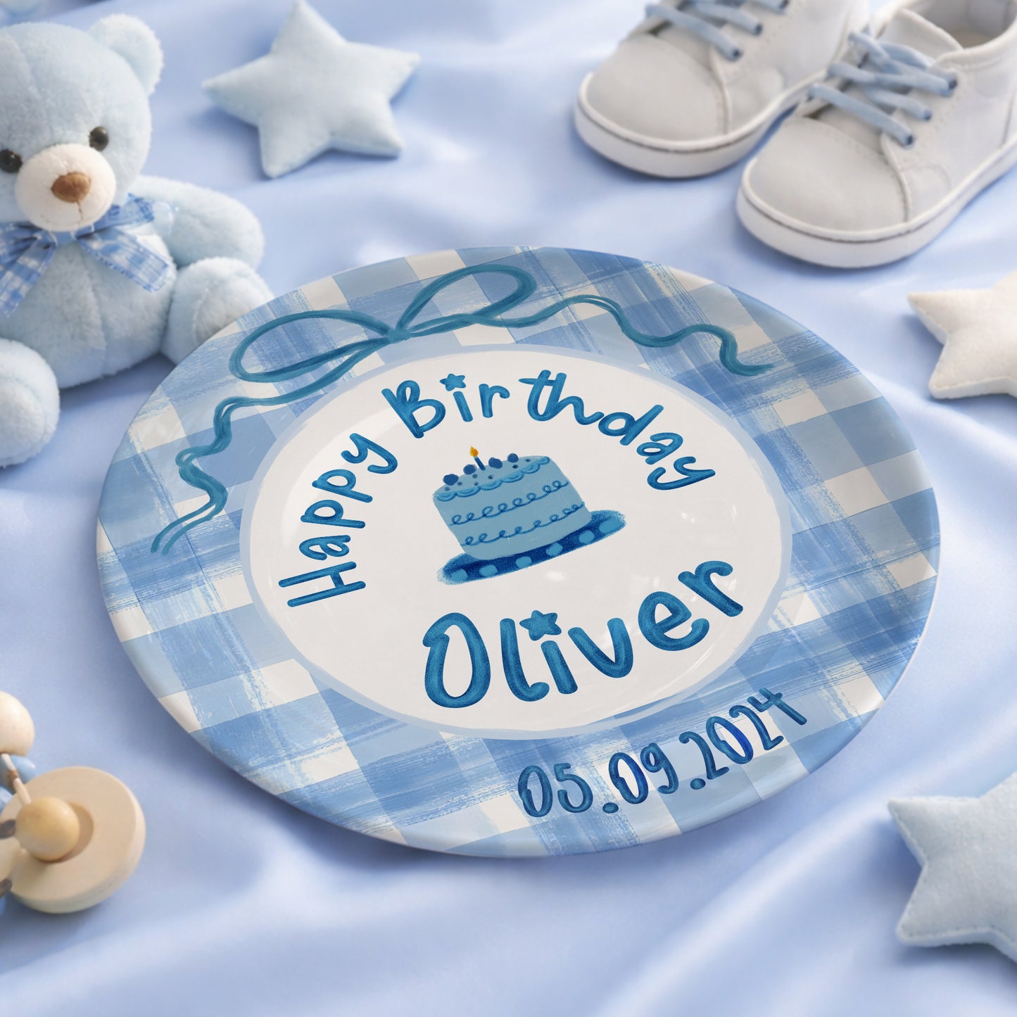 Blue Gingham Bow Personalized Birthday Plate P41V3P0
