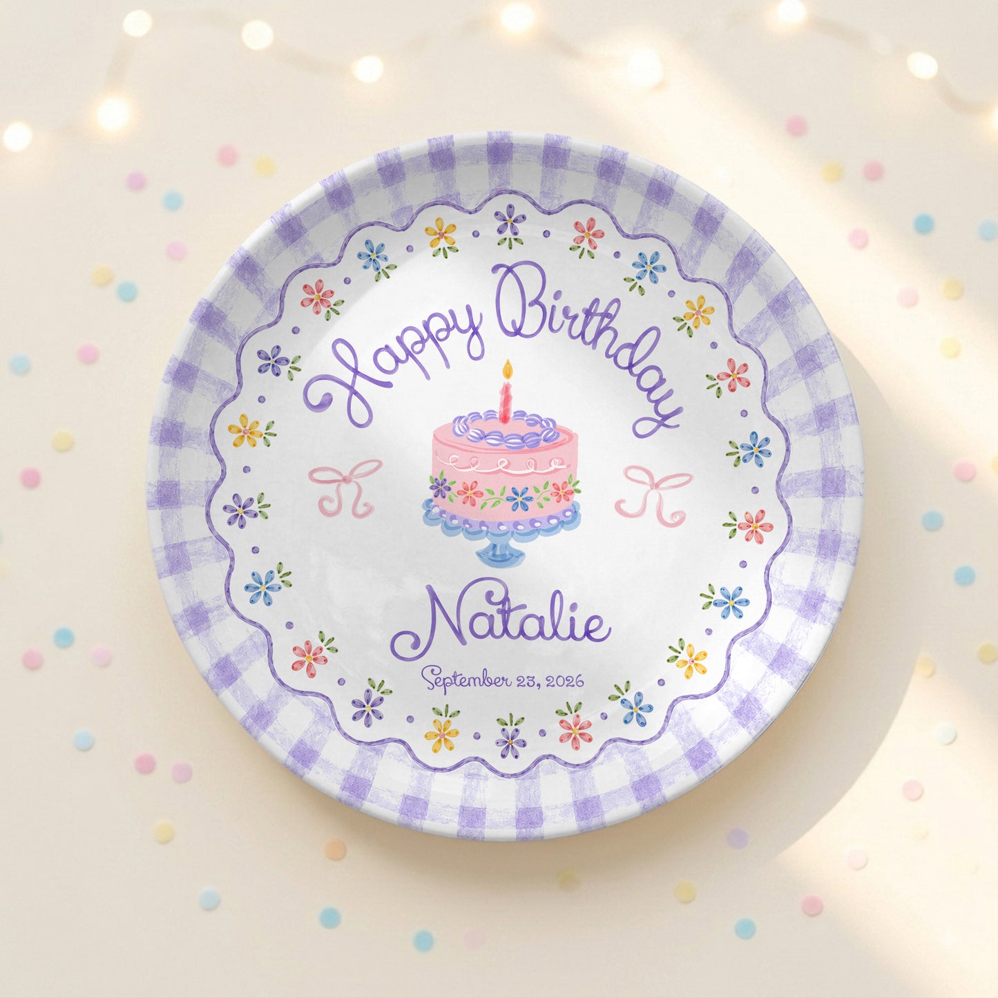 Purple Gingham Floral Birthday Cake Custom Name Keepsake Personalized Birthday Plate Gift P818DTR0