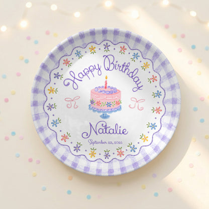 Purple Gingham Floral Birthday Cake Custom Name Keepsake Personalized Birthday Plate Gift P818DTR0