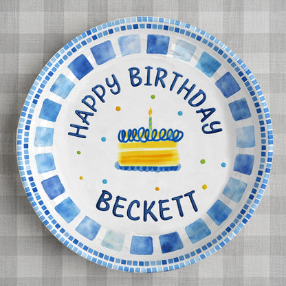 Blue Tile Border Cake Personalized Birthday Plate P228QZD0