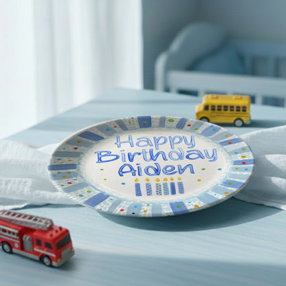 Blue Candles and Confetti Border Personalized Birthday Plate P274NR0