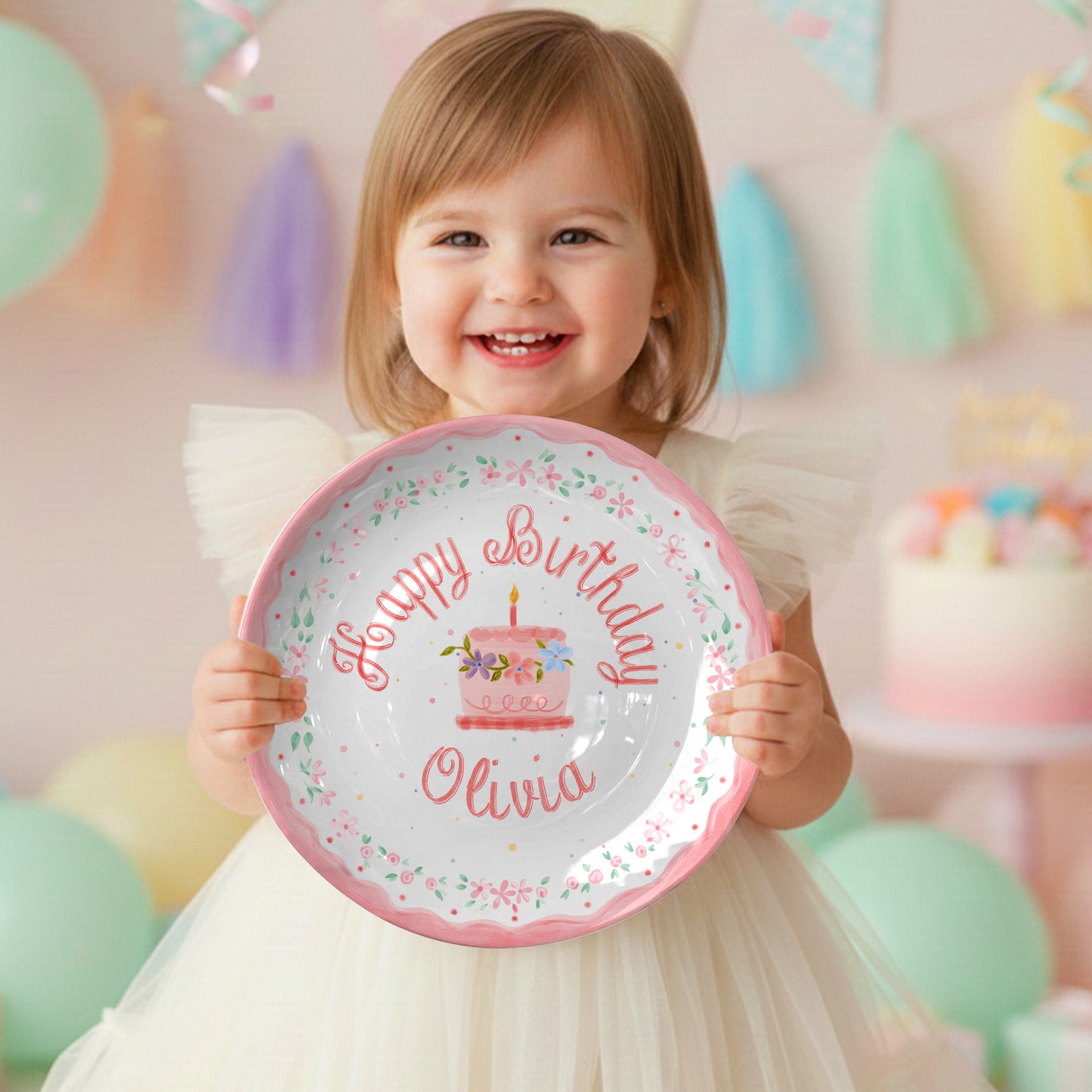 Pink Floral Cake Personalized Birthday Plate P228SJH0