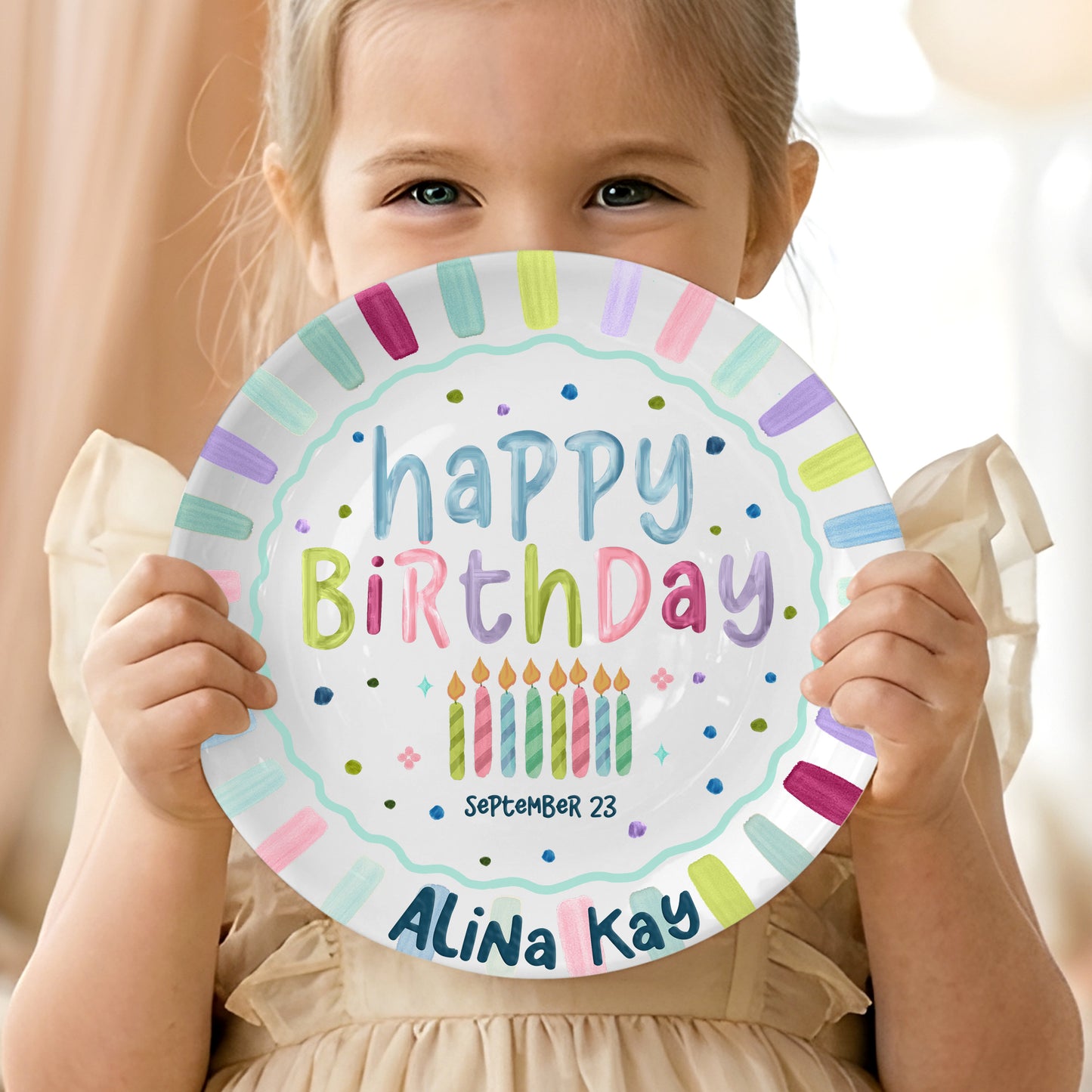 Colorful Candles and Stripes Personalized Birthday Plate D43RCW0a1