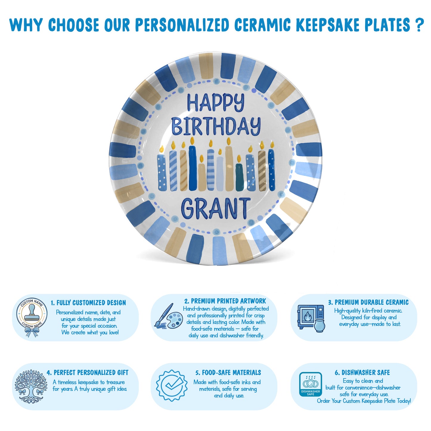 Blue and Tan Striped Border with Birthday Candles Personalized Birthday Plate D49EZG0