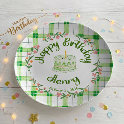 Green Gingham Daisy Birthday Keepsake Personalized Birthday Plate P627TBG0