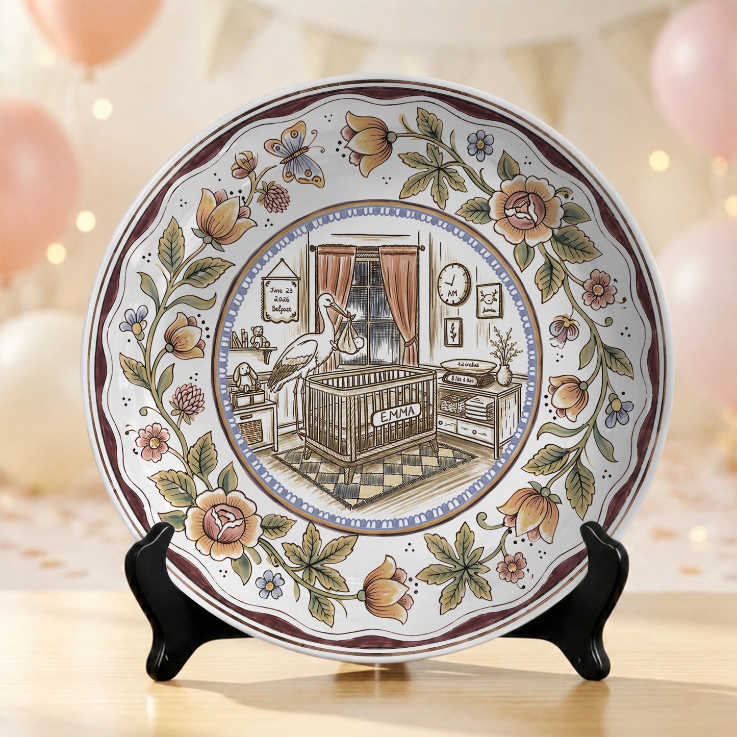 Floral Goose Baby Birth Stats Custom Ceramic Personalized Birthday Plate P825ZLY0