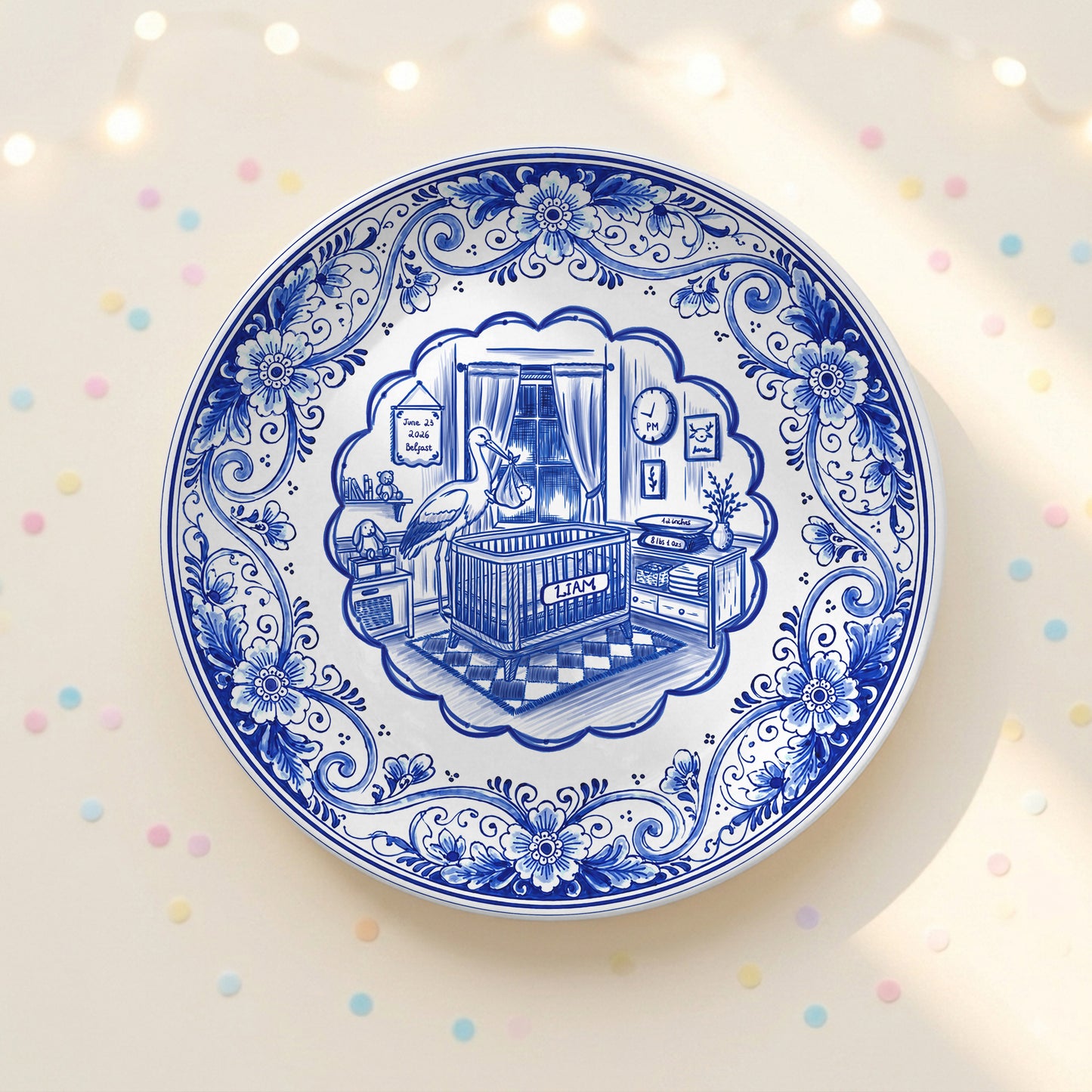 Delft Blue Newborn Birth Stats Custom Ceramic Keepsake Personalized Birthday Plate P820H8A0