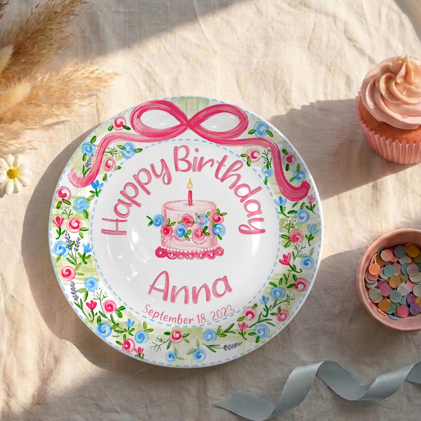 Floral Wreath with Pink Bow Personalized Birthday Plate P410DXJ0